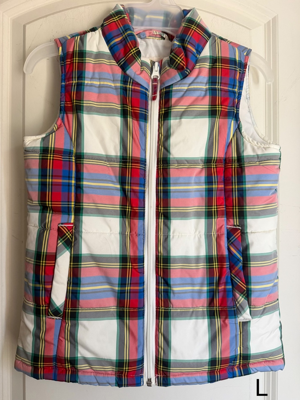 LANDS END KIDS red Blue Black Yellow green Plaid Poly Zip Front Puffer Vest M